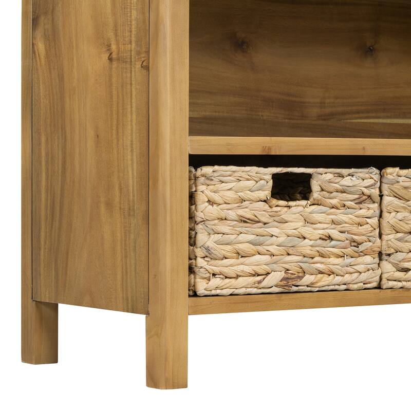 Console Table with 3 Storage Drawers, Entryway Table with 3 Water Hyacinth Woven Baskets, Sofa Table with Wooden Top