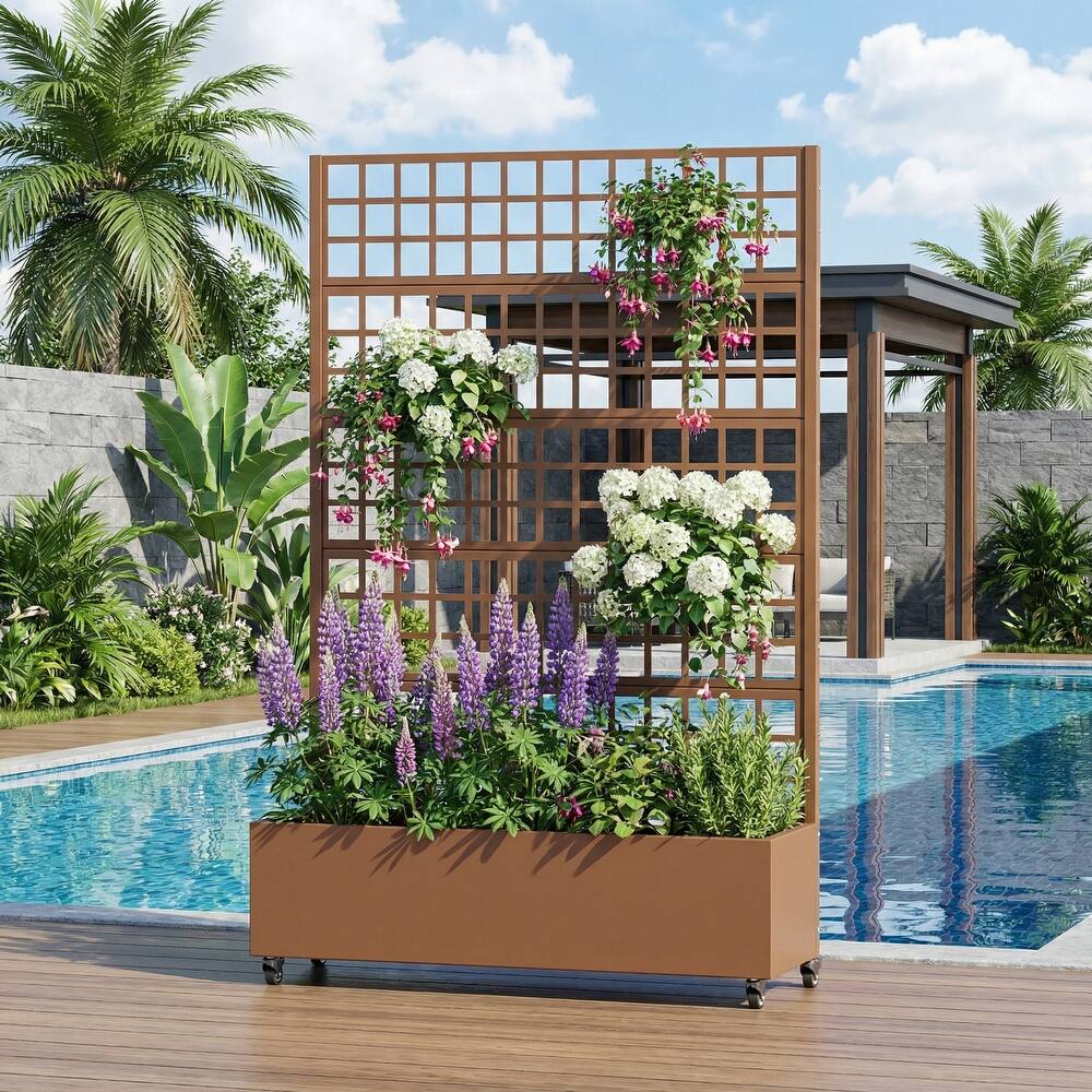 Movable Raised Garden Bed with Trellis and Lockable Wheels