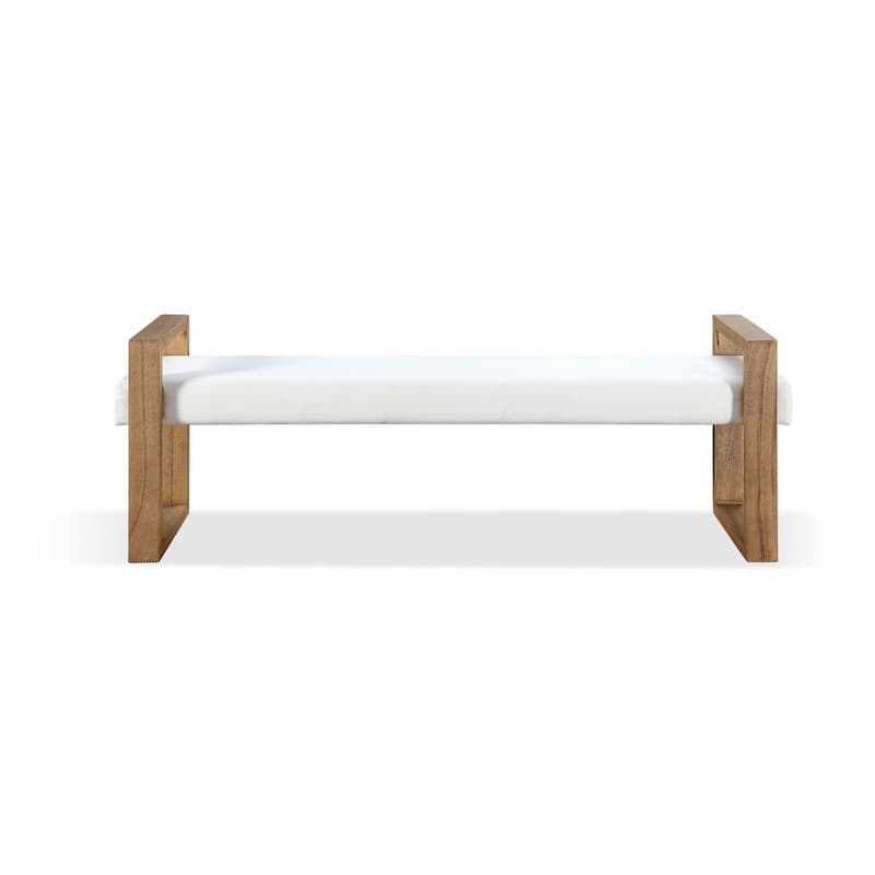 Rux 68 Inch Dining Bench, White Fabric Upholstery, Sled Legs, Brown Wood