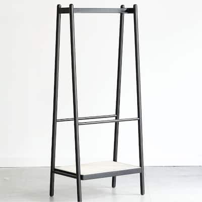 Solid Oak Clothes Rack with Rattan Shelves - Black