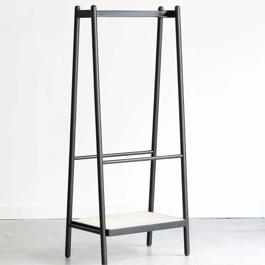 Solid Oak Clothes Rack with Rattan Shelves - Black