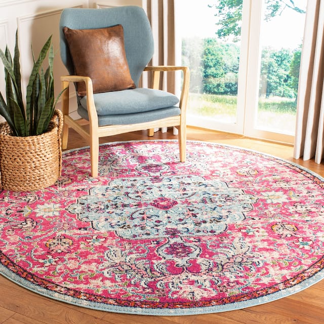 SAFAVIEH Madison Sabire Boho Medallion Distressed Rug - 3' x 3' Round - Fuchsia/Teal