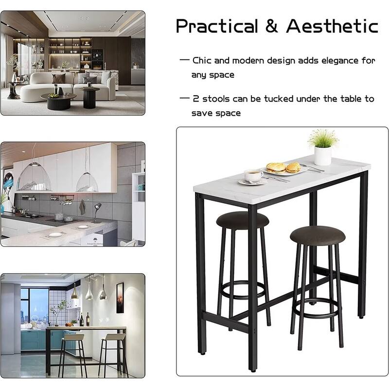 3 Piece Kitchen Pub Dining Set, Modern Faux Marble Counter Height Bistro Bar Table Set with 2 PU Leather Bar Stools