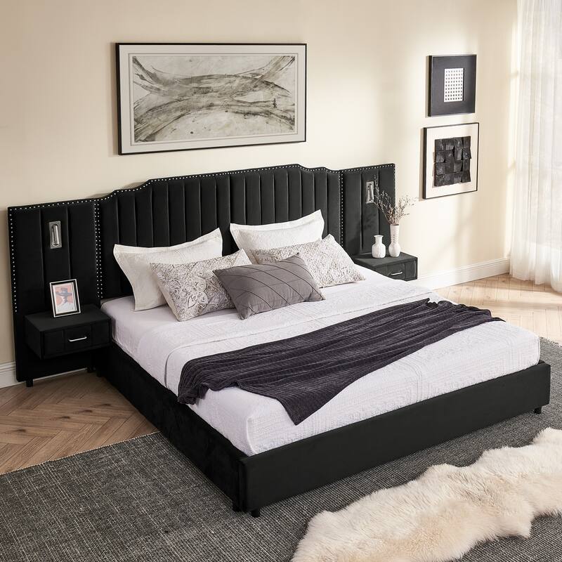King Size Upholstered Bed Frame with Velvet Fabric, Vertical Stripe Design with Buttons Around King Size Platform Bed