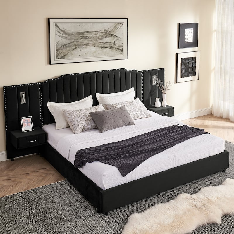 King Upholstered Wingback Platform Bed Frame with Vertical Stripe Enlarged Headboard, Adjustable Lamps & Integrated Nightstand