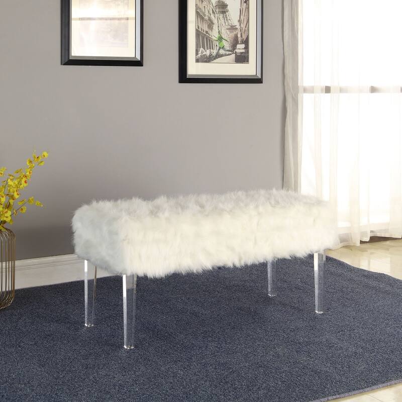 HomeRoots 42" Gray and Clear Upholstered Faux Fur Bench with Flip top