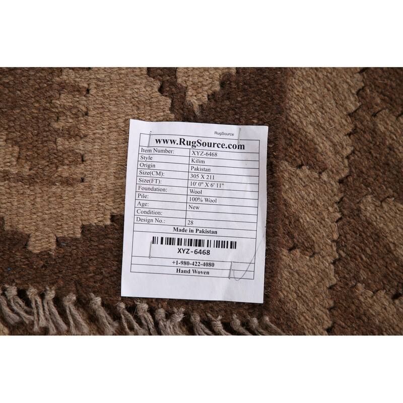 Brown Kilim Geometric Area Rug Flat-weave Wool Carpet - 6'11"x 10'0"
