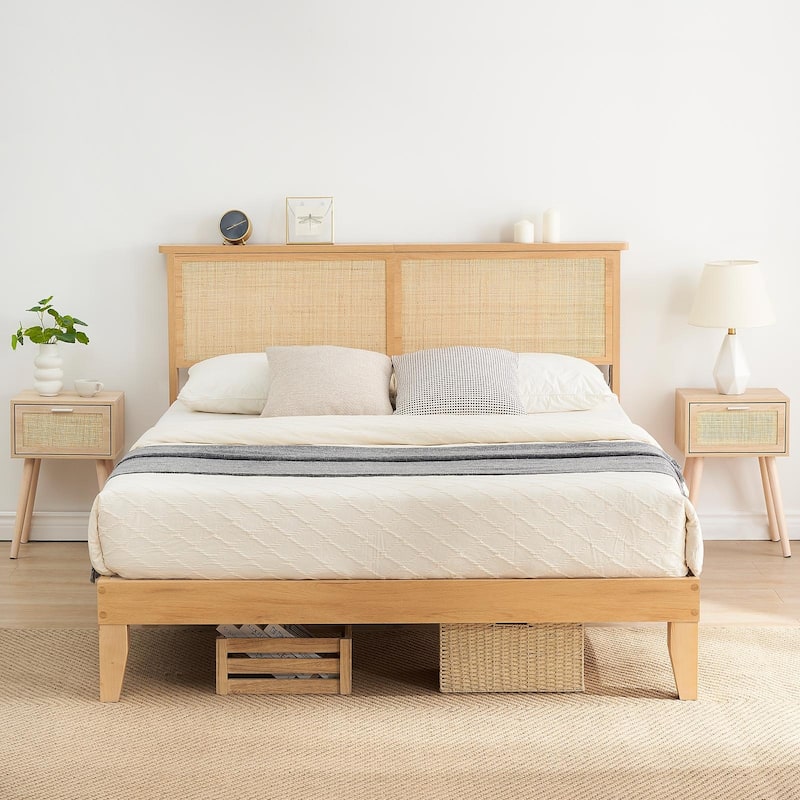 Bed Frame with Rattan Headboard and LED lights