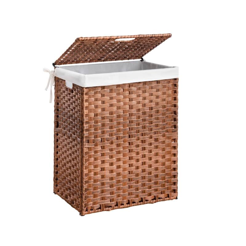 26.4 Gal PE Wicker Clothes Laundry Hamper with Lid, Removable Liner - Brown