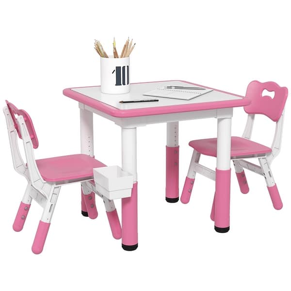 slide 2 of 10, 3 Piece Kids Table and Chairs, Height Adjustable Toddler Table and Chair Set with Storage, Easy to Wipe Activity Table - Pink Pink