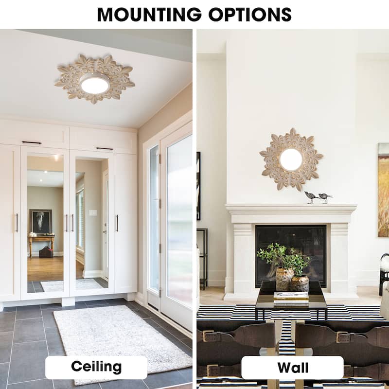 Boho 21.6-Inch Distressed White Wood Flush Mount Ceiling Light, 3CCT Dimmable - 21.6 in. D x 21.6 in. W x 3 in. H