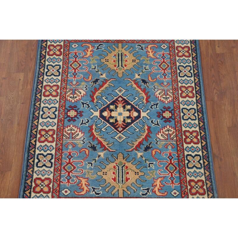 Blue Geometric Kazak Foyer Rug Hand-Knotted Wool Carpet - 2'10" x 3'11"