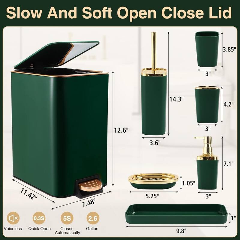 8-piece bathroom set with stainless steel trash can, toilet brush, toothbrush set, soap dispenser