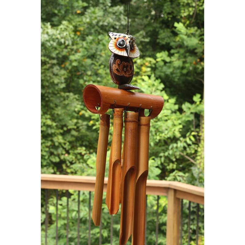 Handmade Wooden Snowy Owl Bamboo Wind Chime Wood Statue Figurine Hoot Sculpture Art Decorative Rustic Patio Garden Outdoor De