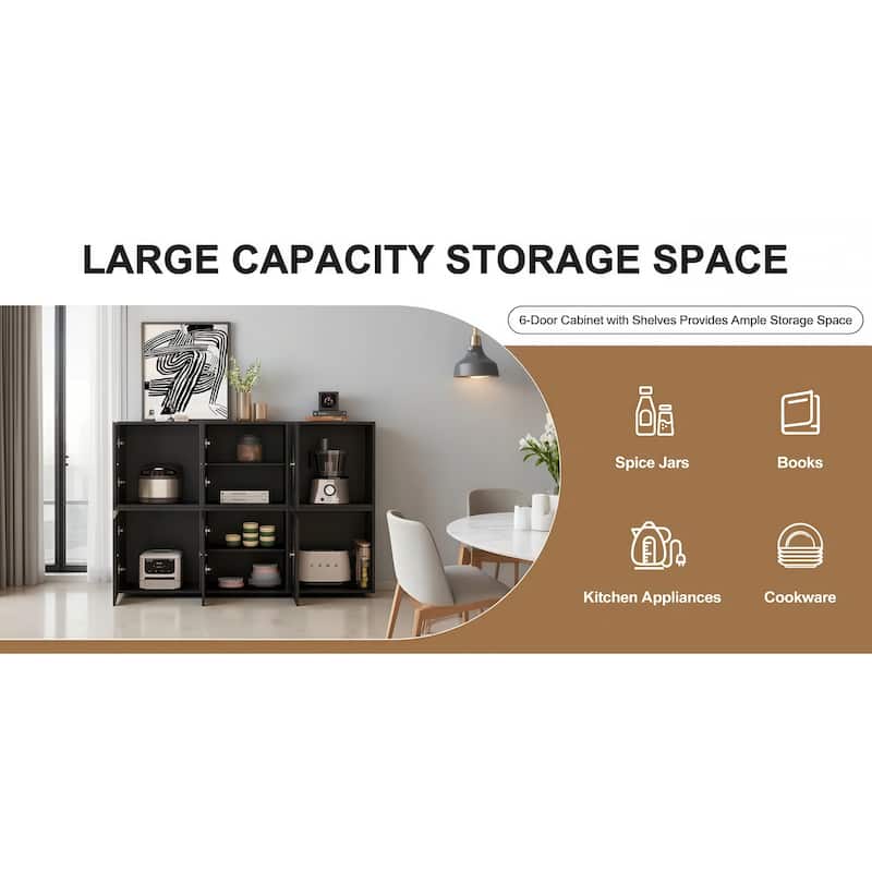 Modern Art Deco Sideboard, 6-Door Sideboards Accent Cabinet Modular Wooden Buffet With Storage - 58.8''