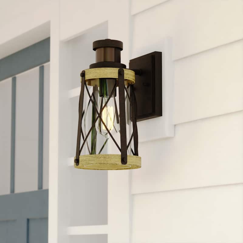 Harwood Bronze Motion Sensor Dusk to Dawn Outdoor Wall Light Farmhouse Clear Glass - 6.5-in W x 11.75-in H x 8-in D - Oxidized Iron and Burnished Elm - 6.5-in W x 11.75-in H x 8-in D