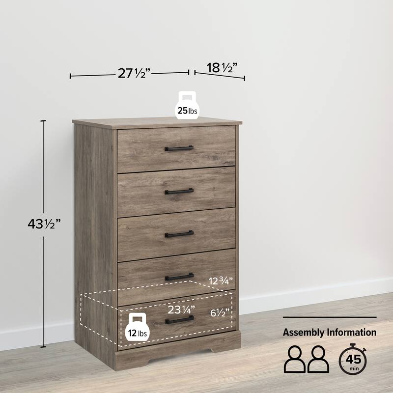Prepac Rustic Ridge Farmhouse Chest, Wooden Bedroom Dresser with 5 Storage Drawers