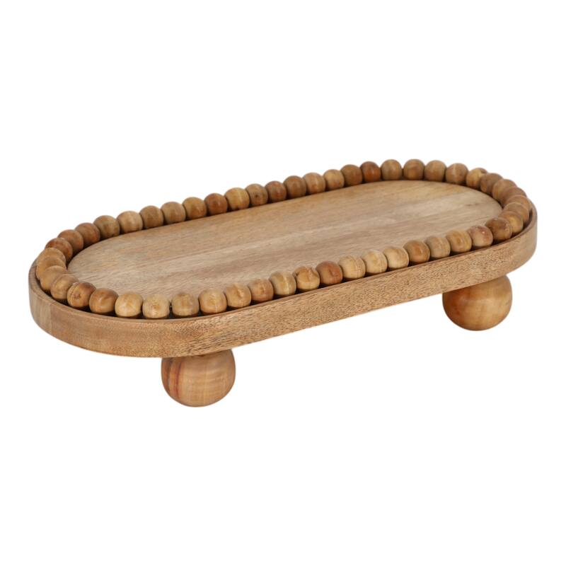 Decorative Mango Wood Beaded Oval Tray with Ball Feet - 16", Brown