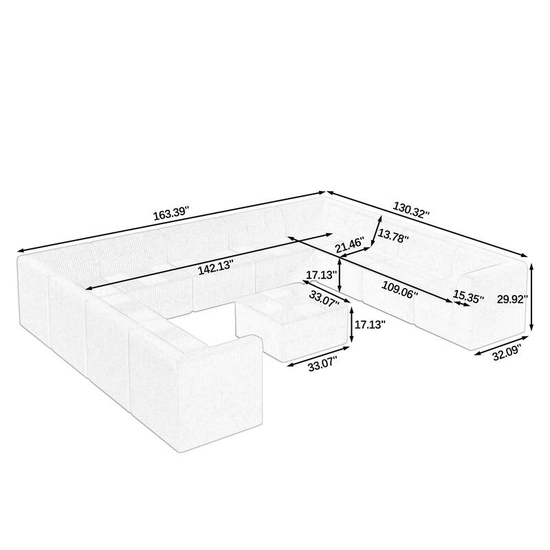 Roomfitters U-Shape Modular Sectional Sofa, Oversized Corduroy Sleeper Couch, Modern Space-Saving Design for Living Room