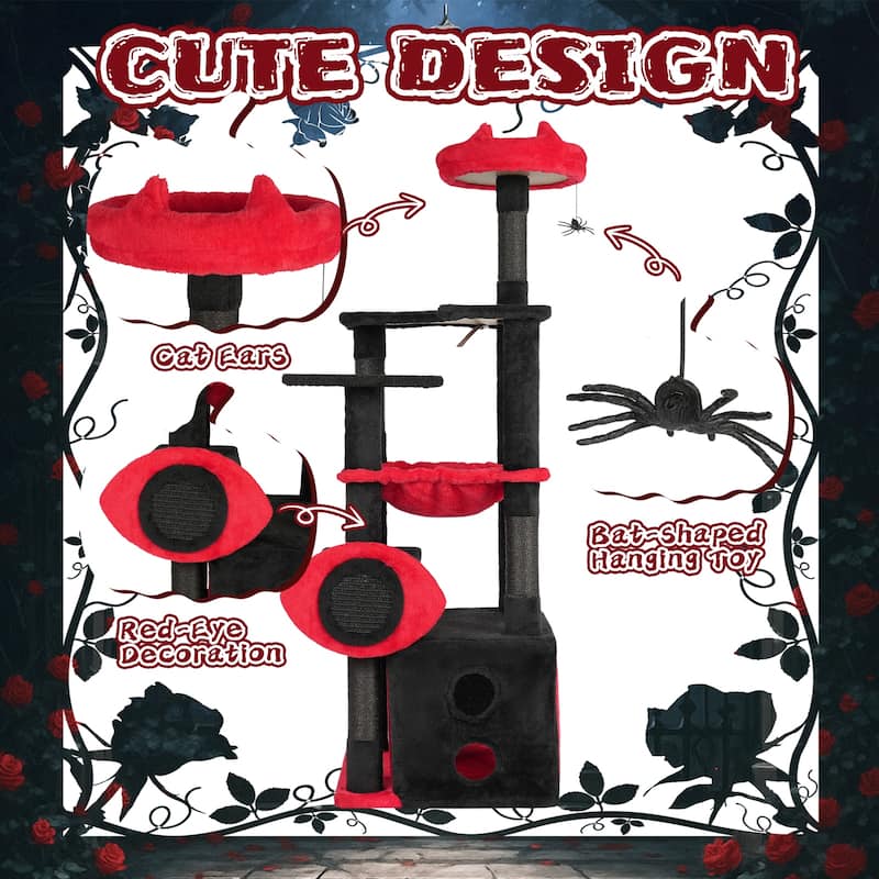 53" Gothic Cat Tree with Condo, Hammock, Perch & Scratching Post - 19.7" L × 16.5" W × 50.8" H