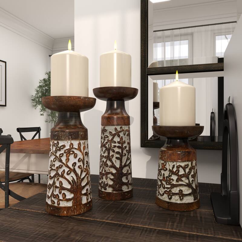 Brown Mango Wood Coastal Candle Holder (Set of 3)