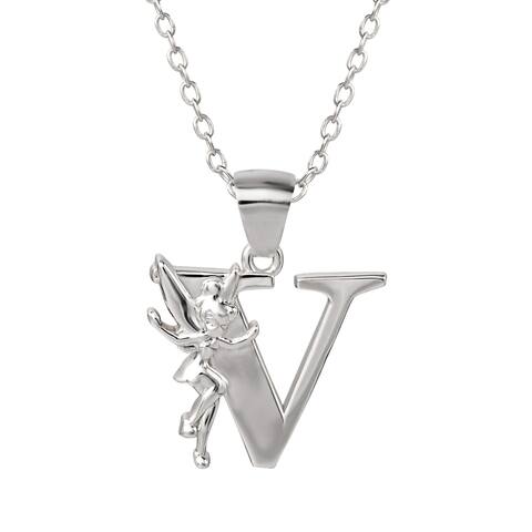 Disney Tinkerbell Women's Sterling Silver Initial Pendant Necklace, 18" Chain