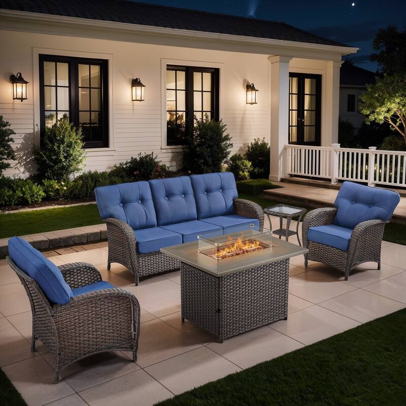 Gymojoy 5-Piece Outdoor Wicker Patio Furniture Sofa Set with 55,000 BTU Fire Pit Table, Thick Cushions