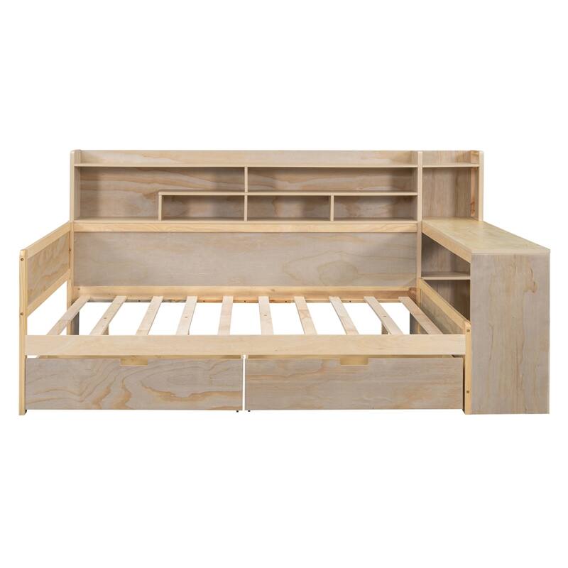 Full Size Wooden Daybed with Storage Shelves and Study Desk