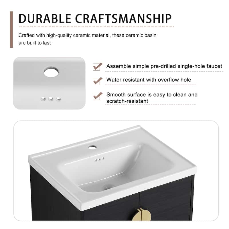 24" Wall-Mounted Bathroom Vanity With Ceramic Sink and Side Cabinet, Soft Close Doors, Combination Cabinet
