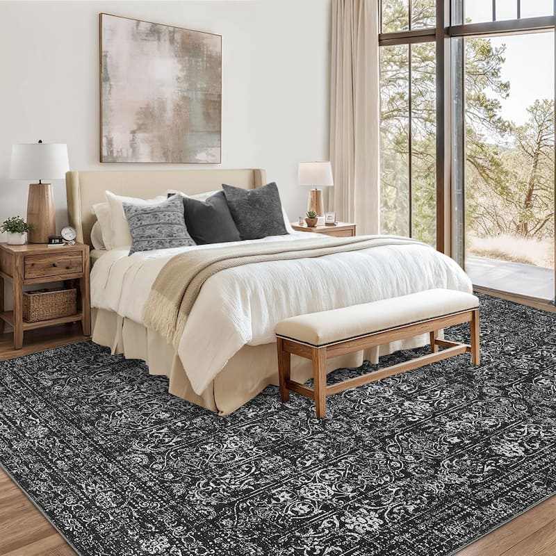 Vintage Area Rug Washable Rug Floral Living Room Rugs Non Slip Low Pile Throw Rugs