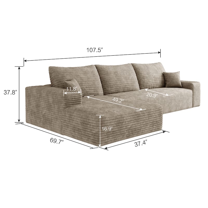Cloud Sectional Couch with L-Shaped Chaise, Modular 3 Seat Corner Sectional Sofa, Corduroy Upholstered Sleeper Sofa