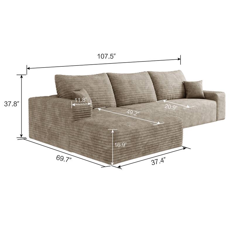 Modern Corduroy Upholstered L-shaped Deep Seat Sectional Sofa with Chaise Lounge, Floor Standing Modular Compression Couch