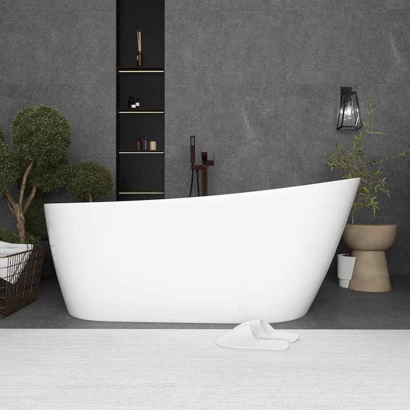 55"/59"/63" Acrylic Single Slipper Freestanding Soaking Bathtub in White with Drain