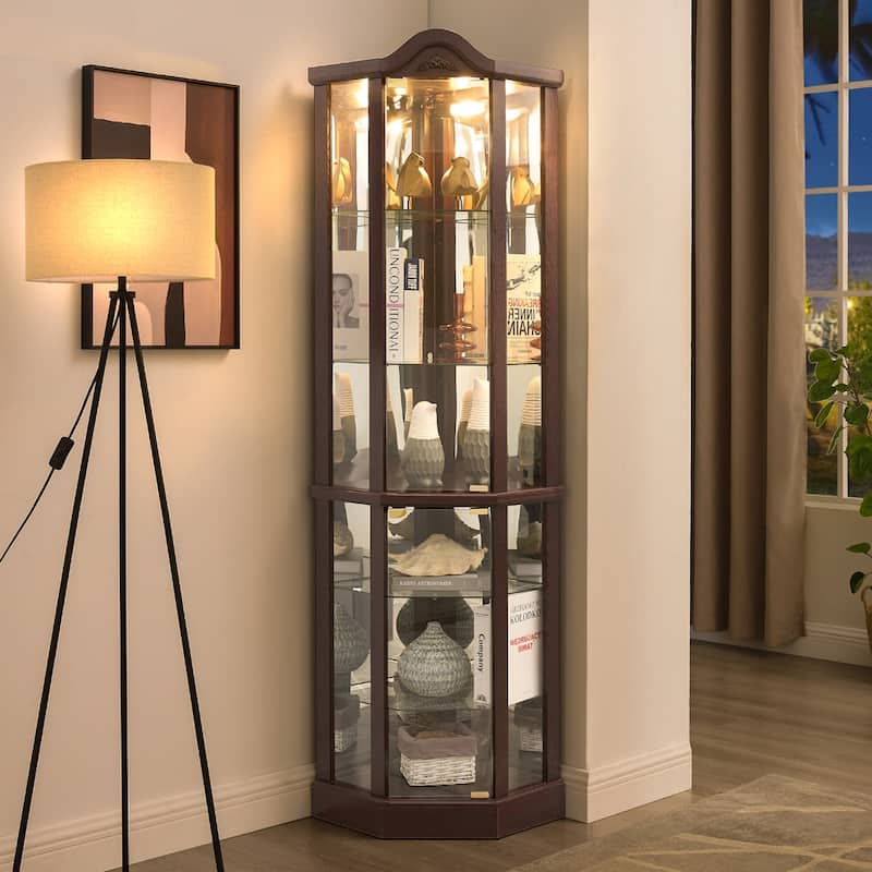Glass Cabinet Lighted Corner Cabinet Corner Display Curio Cabinet, Glass Display With Light Bar Cabinet, Wine Cabinet