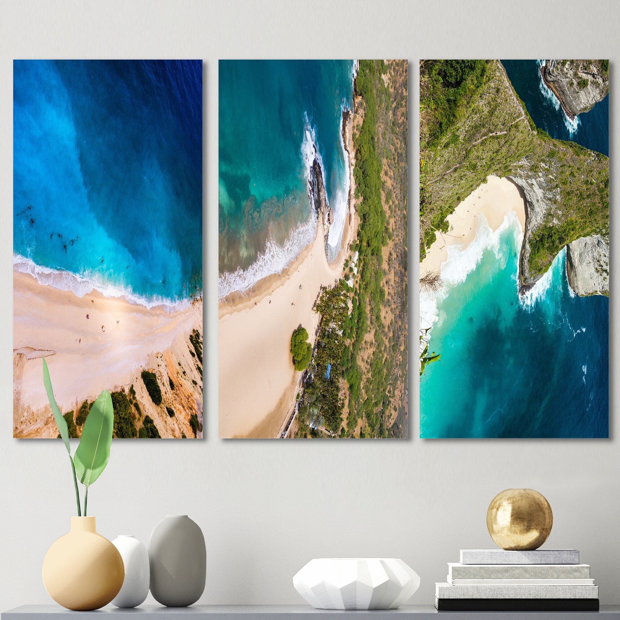 Designart 'Aerial View Of Blue Ocean With Beach' Nautical & Coastal Art Set of-image