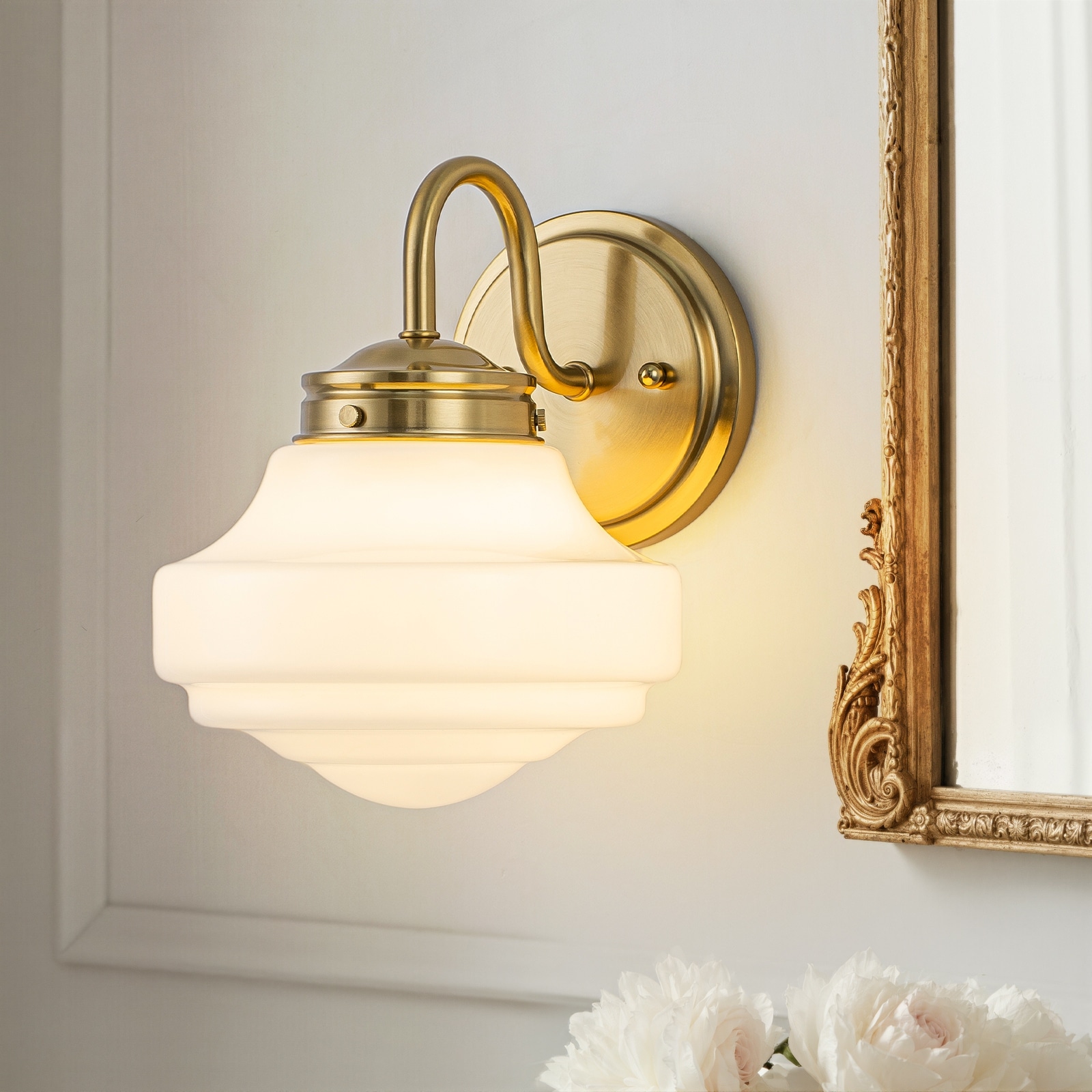 Mid-Century Modern 1-Light Gold Wall Sconce with Opal Glass Shade