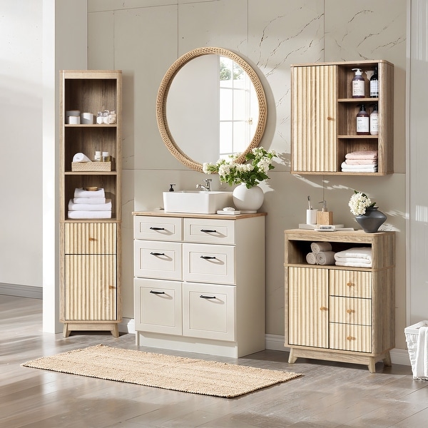 Natural Finish Wave-Patterned Manufactured Wood 1-Drawer 1-Door