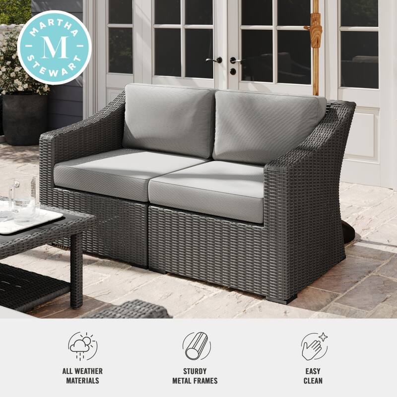 Martha Stewart Outdoor Modular Rattan Wicker Loveseat with All-Weather Cushions - 58"W x 32"D x 30"H