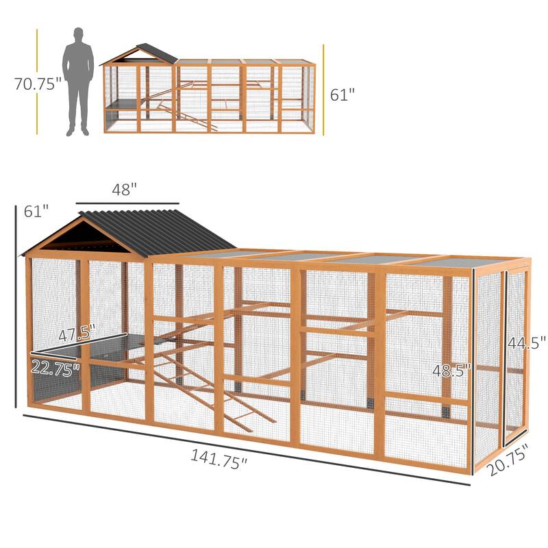 PawHut Wooden Chicken Coop Run for 6 - 10 Chickens, Hen House Add-On with Storage, Perches, 141.75" x 48" x 61"