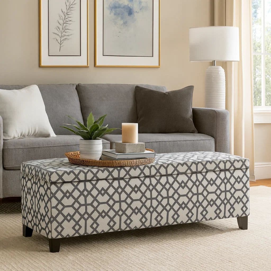 Flash Storage Ottoman Bench, Light Gray Geometric Print Fabric 51 Inch