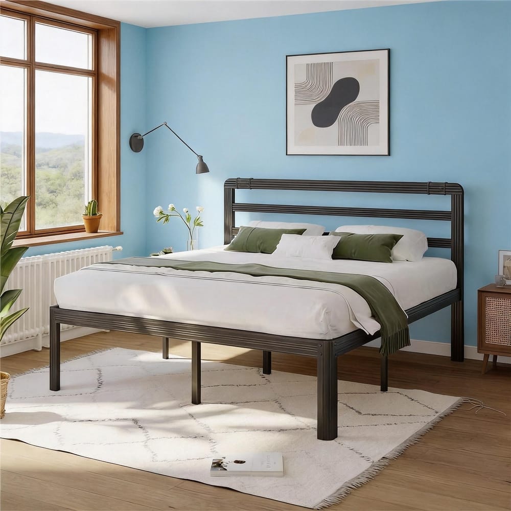 Industrial-Style 18-Inch High Black Metal Bed Frame with Headboard , No Box Spring Required