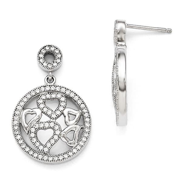 Rhodium-Plated Sterling Silver Triple Heart Clear Cubic Zirconia Stud Post Drop Earrings 