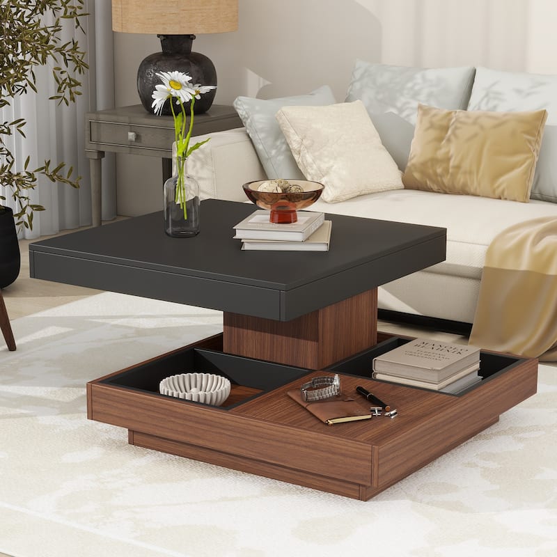 Modern 2-Tier Square 360°Rotating Coffee Table with 3 Detachable Tray