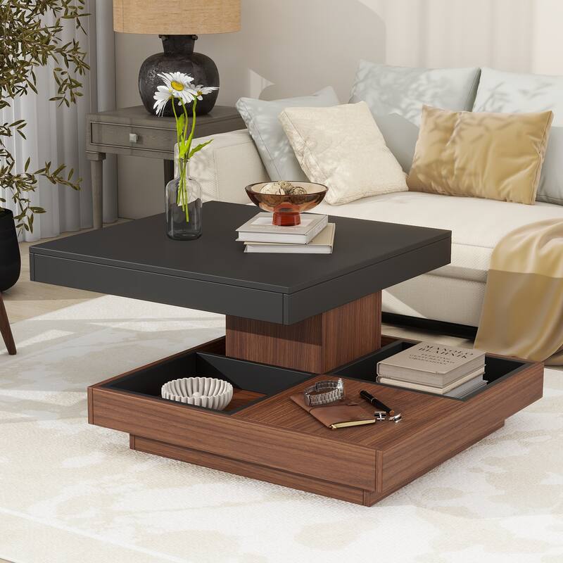 Modern Square 360°Rotating Coffee Table with Three Detachable Tray, 2-Tier Farmhouse Wood Center Table with Storage