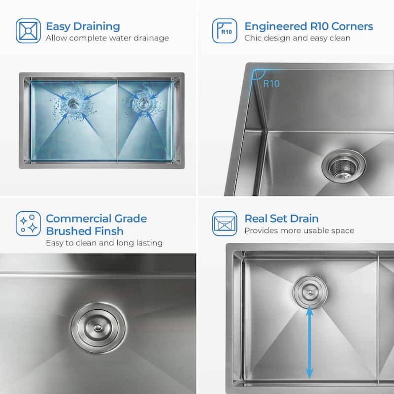 33 Inch Handcrafted Undermount Double Bowl Real 16 gauge Stainless Steel Kitchen Sink with Strainers and Grids