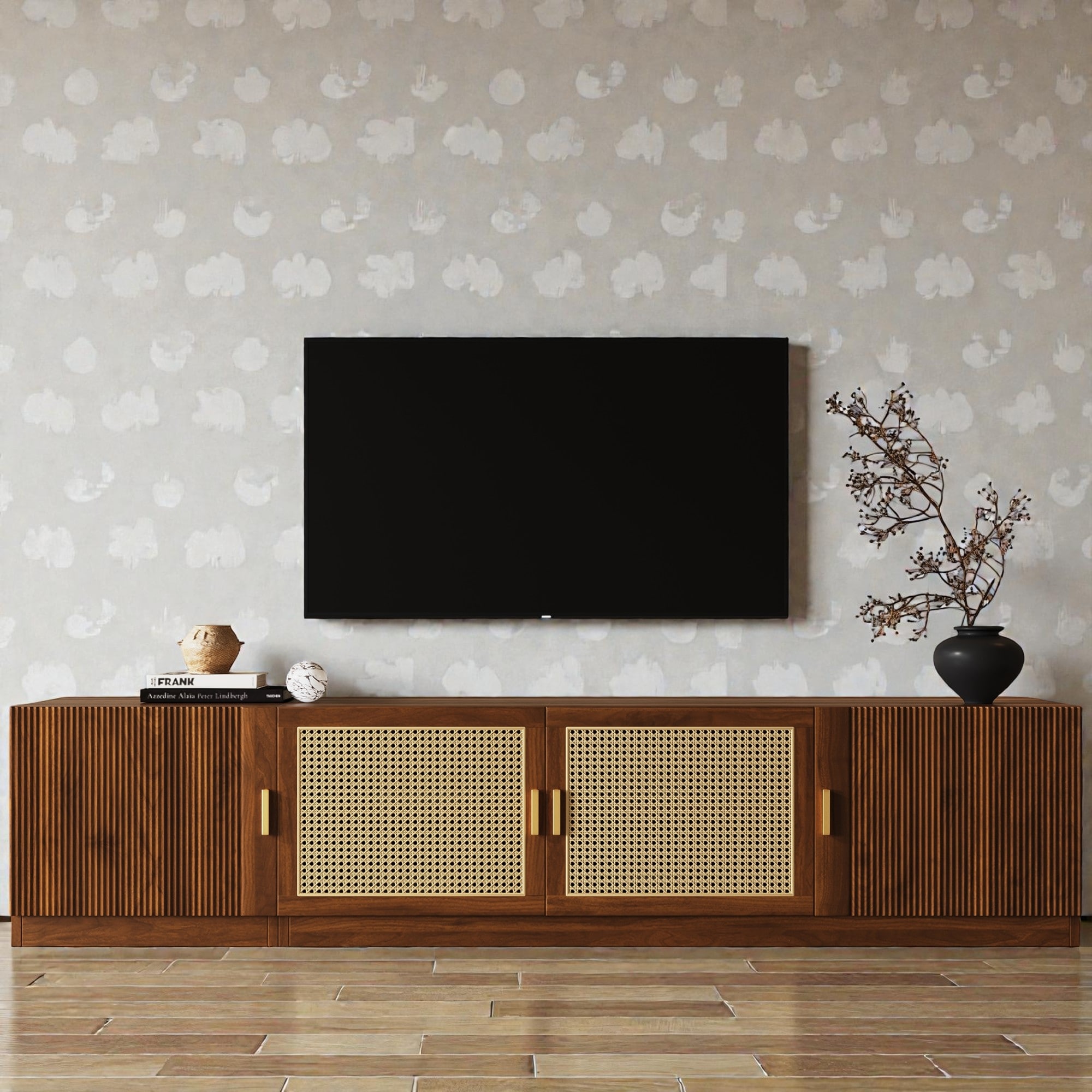 78 Inch TV Stand for TVs up to 85", Media Console with Rattan Doors and Adjustable Shelves, TV Cabinet for Living Room