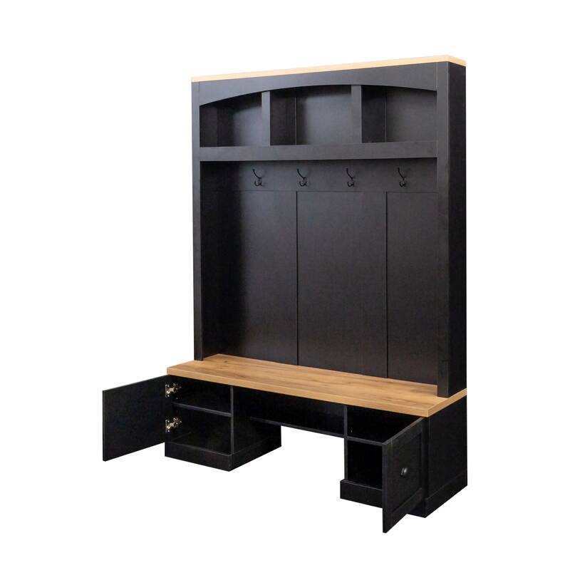 Farmhouse 4-in-1 Hall Tree with Wood Grain Bench and Top, Multifunctional Coat Rack with Black Hooks, Adjustable Shelves