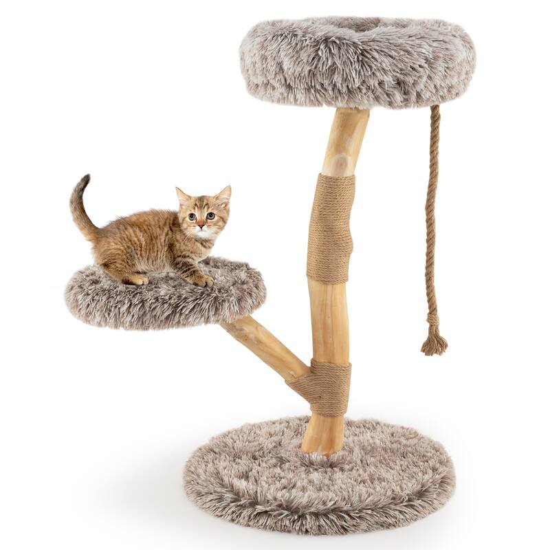 Natural Pear Wood Cat Tree with Plush Tower and Multi-Level Platform Jute Scratching Posts