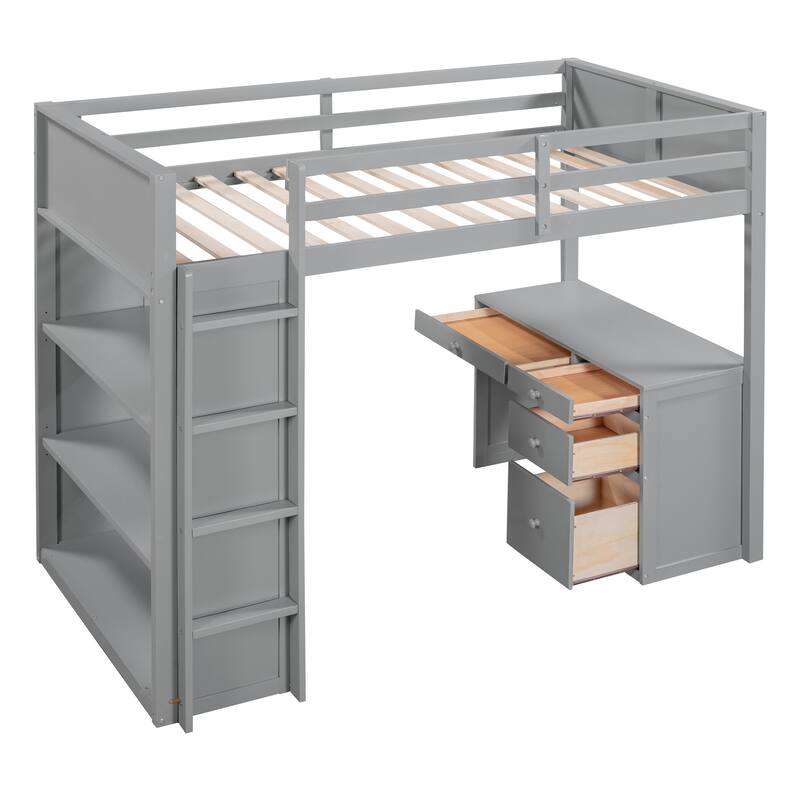 Space-Saving Twin Loft Bed with Desk, Shelves, and Ladder in Gray