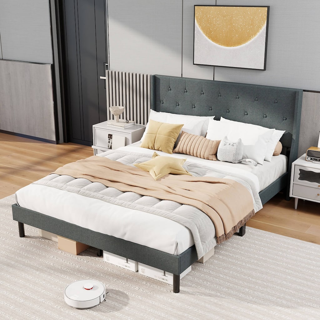 Queen Size Upholstered Bed Frame Linen Fabric Platform Bed
